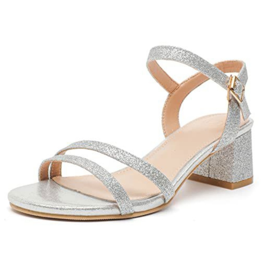 Silver Open Toe Ankle Strap Low Chunky Heels